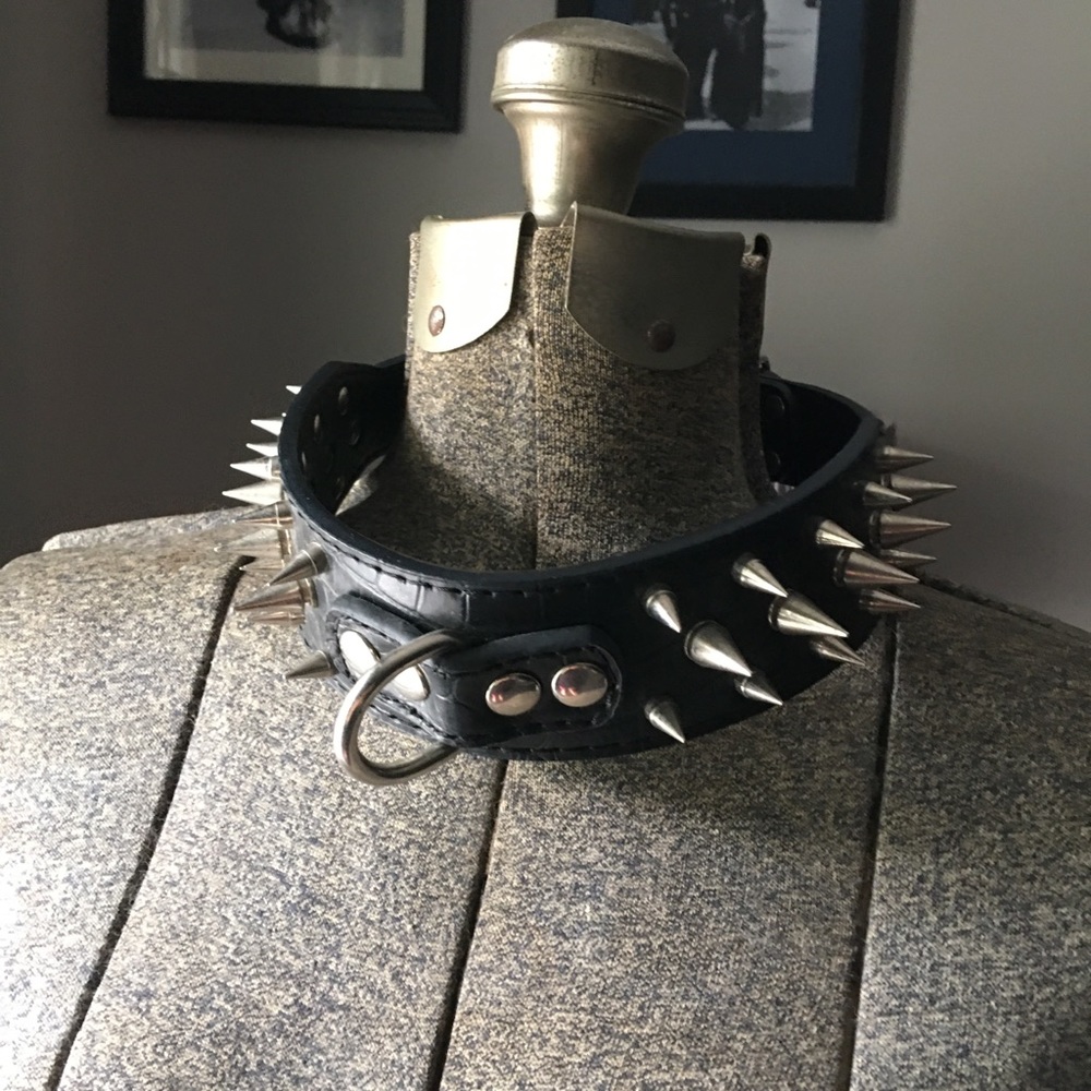Black Leather Spiked Dog Collar Fetish Halloween Trad Goth